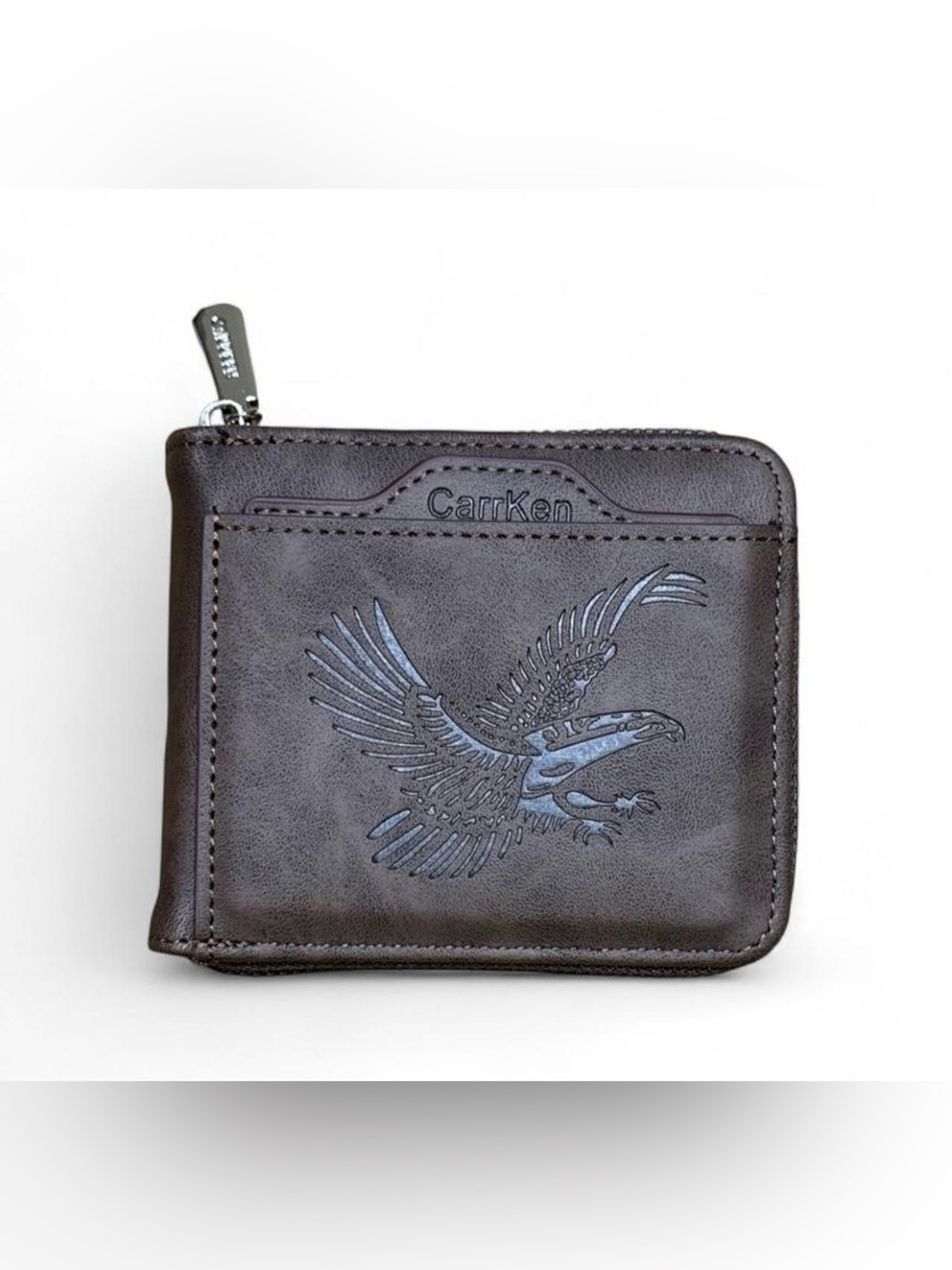 Men's Brown Leather Zip Wallet with Eagle Emboss